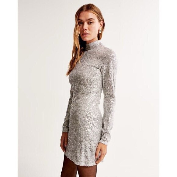 NWT Abercrombie & Fitch Long-Sleeve Sequin Mockneck Mini Dress XXSP Silver - Picture 2 of 10